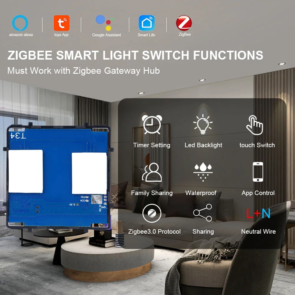 ENTUOIA ZigBee Switch Function Key Part 1/2/3/4Gang Touch Smart Light Switch APP Voice Control Without Panel, Need Neutral Wire