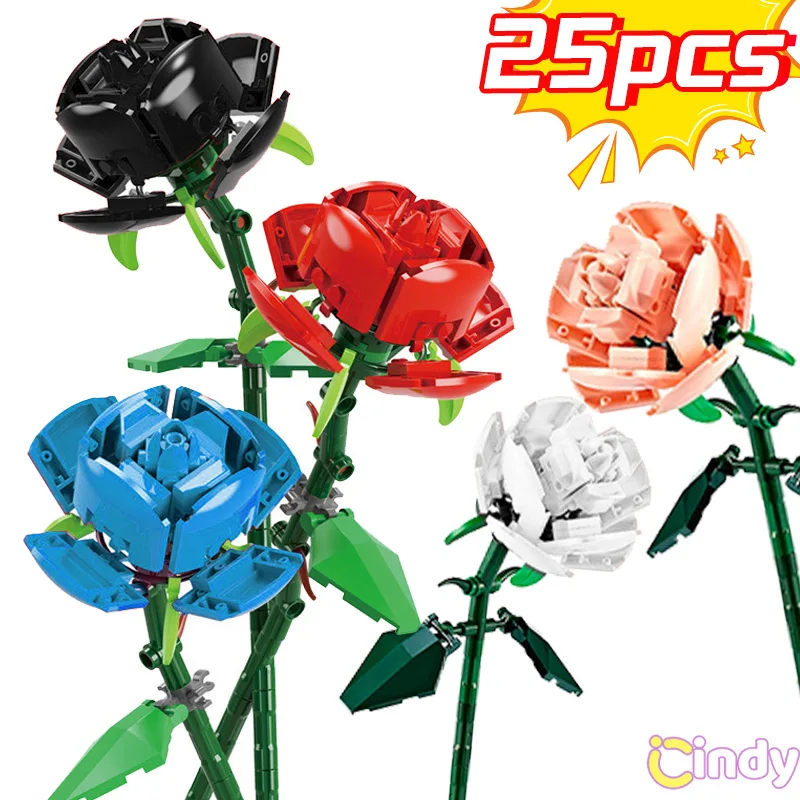 25pcs DIY Roses Bricks Red/Pink/Blue Rose/Black/white Flower Bouquet Plants Valentine\'s Day Gardens Classic Model Bricks Toys