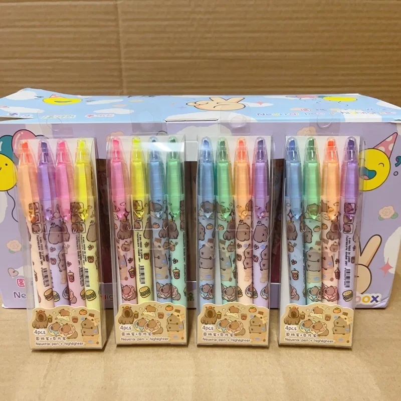 4pcs/Lot Capybara Double Pen Blue ink ballpoint pen and Head Highlighters Art Marker Highlighter Cartoon Fluorescent