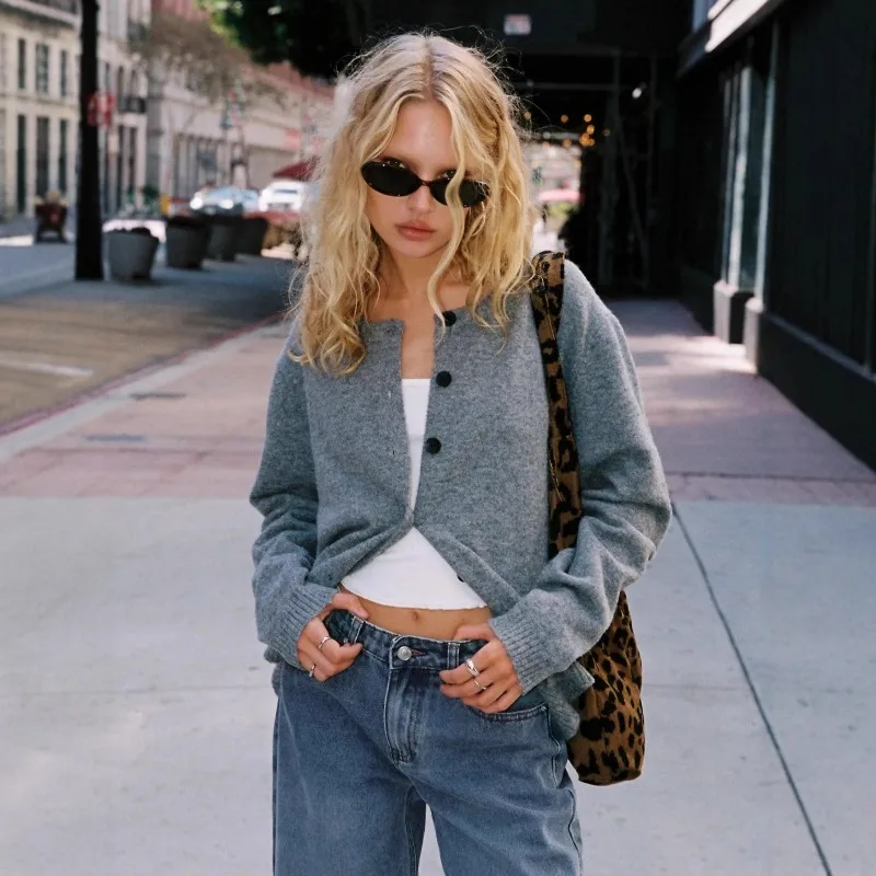 

2025 New Women's Grey Knit Cardigan Oversized Soft Cozy Retro Vintage Style Long Sleeve Open Front Casual Outerwear for Autumn