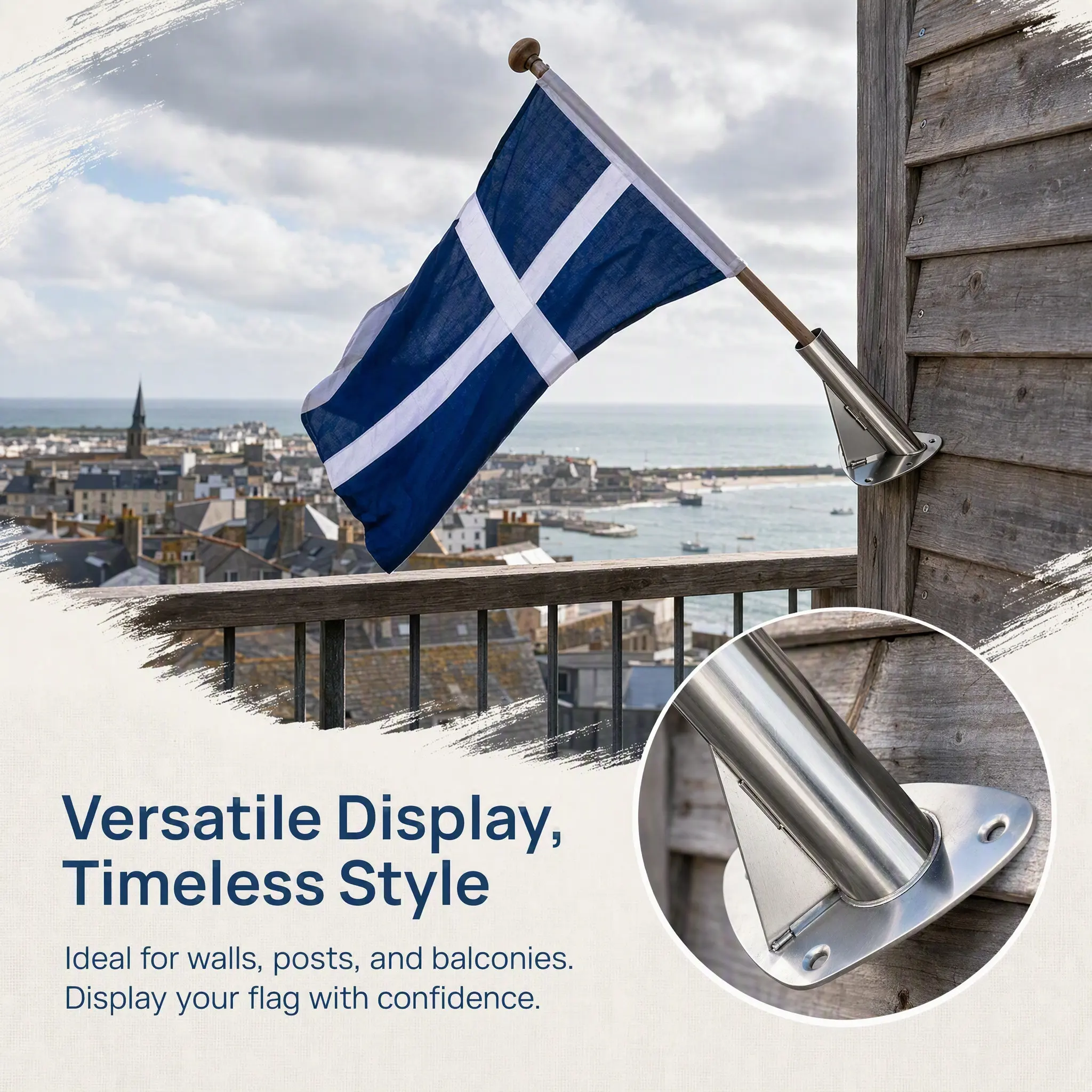 Weatherproof Stainless Steel Flagpole Holder Shield Style Reinforced Base for Porch Balcony Deck Wall Mount Heavy Duty Flag Pole