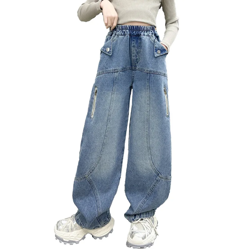 جينز بناتي لربيع وخريف 2025 بأرجل واسعة موضة الأطفال سراويل دينم غير رسمية للأطفال تصميم ريترو مستقيم الساق سراويل فضفاضة