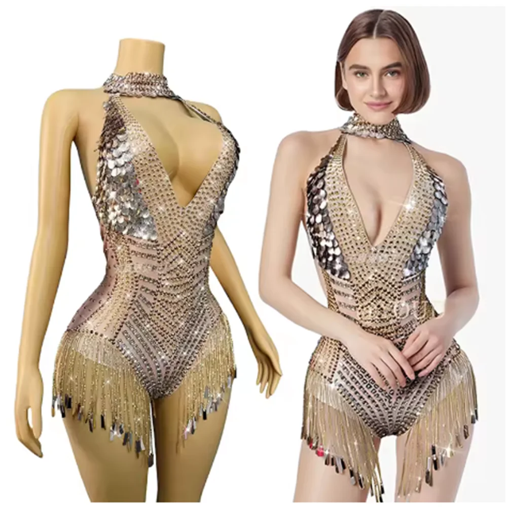 Show Girl Outfit   2025  Halter Sparkly Dance Bodysuit Singer Ds Stage Costume Rhinestone Sequin Fringe Performance Outfit Festi