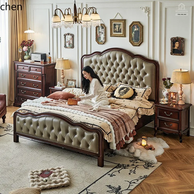 YFY  bed full solid wood gold silk teak retro first layer oil wax leather soft rest 1.8m double bed Dilo Castle furniture