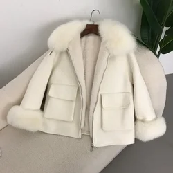 Removable Inner Liner Fox Fur Collar Jacket 2024 Autumn Winter Plus Fleece Short Fur Jacket Double-sided Wool Coat Real Fur Coat