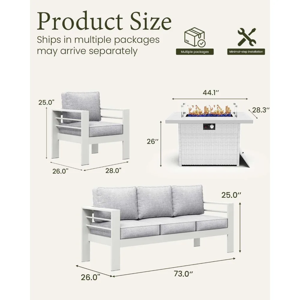 Outdoor Aluminum Furniture Set with Fire Pit Table, 4 Pieces Patio Sectional Conversation Chat Sofa Modern Seating Set, Custom