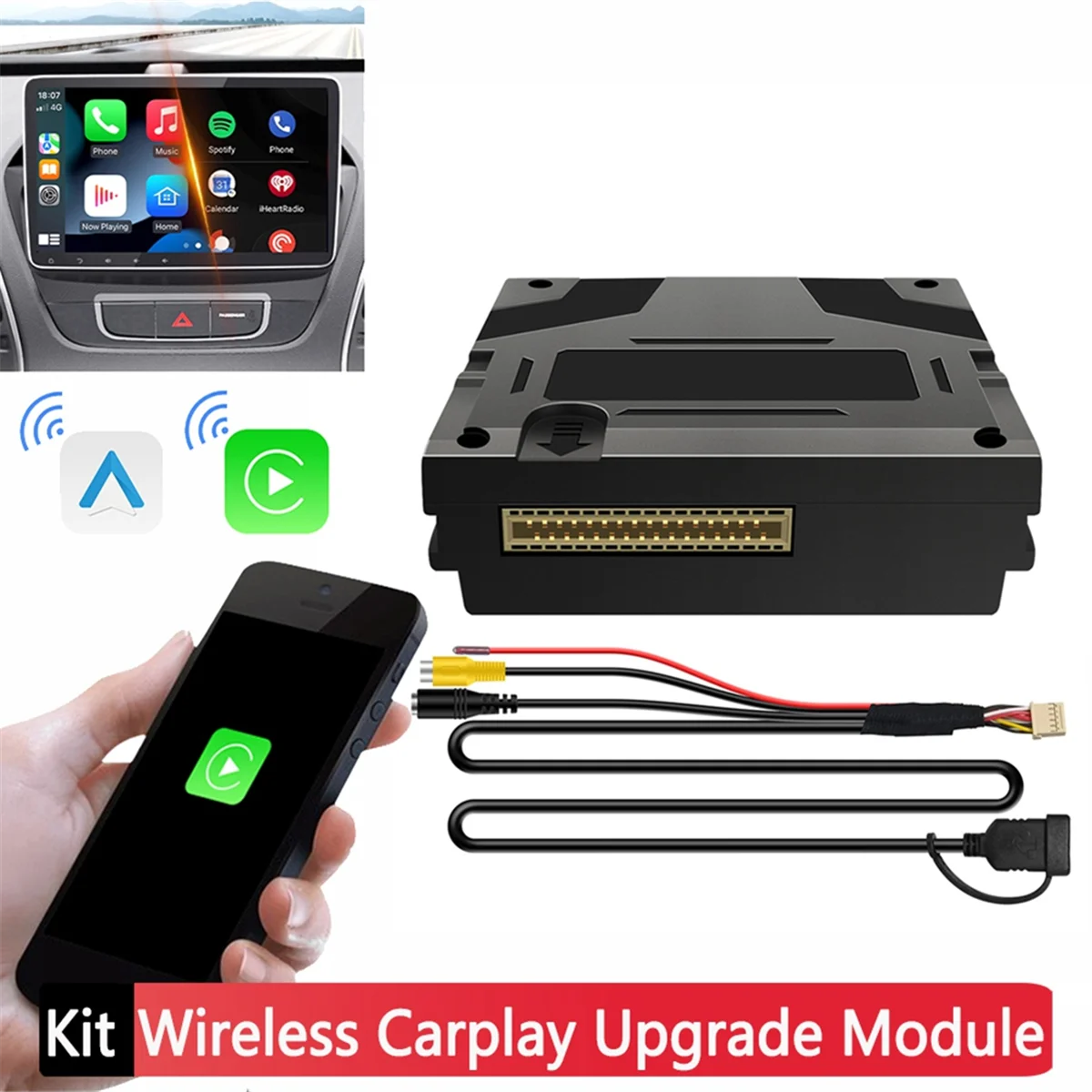 # 07U الملحقات الداخلية، وحدة صندوق فك ترميز CarPlay Android Auto AI اللاسلكية لبنز A B C E، أسود