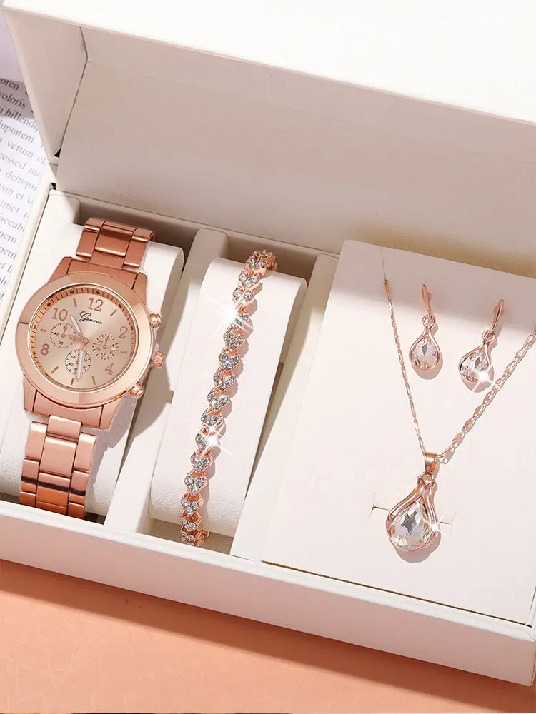 5pcs Fashion Versatile Rose Gold Steel Band Women's Quartz Watch+Love Diamond Bracelet+Pendant Necklace+Earnail Combination Set