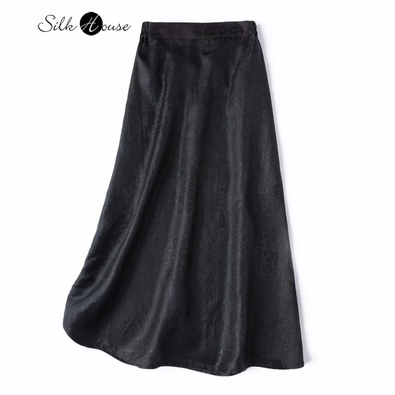 

Old Material War National Policy Black Coffee Original Color 100% Natural Mulberry Silk Fragrant Cloud Yarn Elastic Waist Skirt