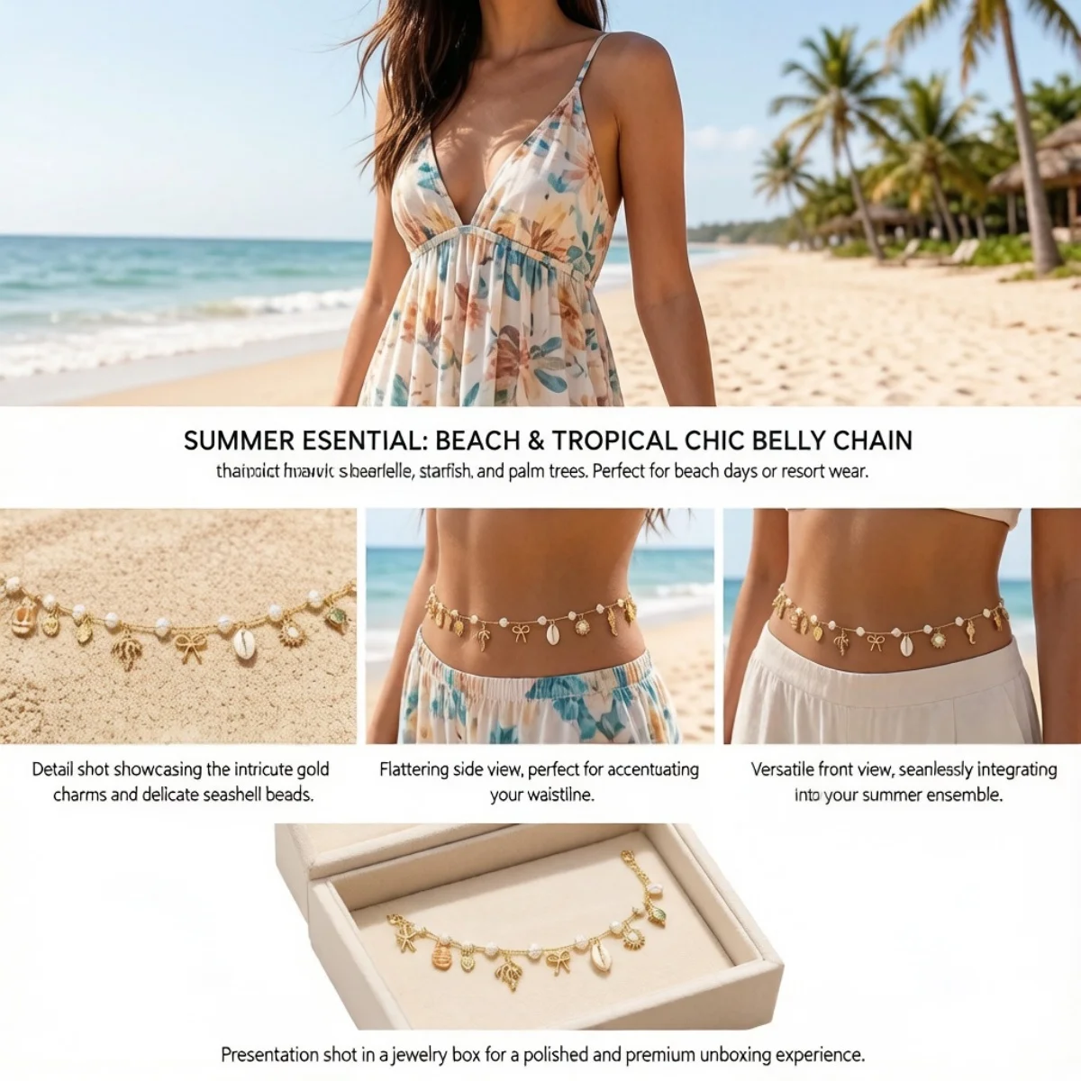 Acryl-Muschel-Sonnenkorallen-Bowknot-Seepferdchen-Taucherquasten-Taillenkette für Damen und Herren – Boho-Ozean-Herz-Bauchkette als Körperschmuck – Detail 3