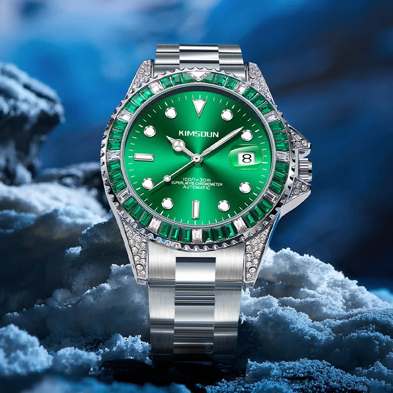 New Diamond Green Submariner Automatic Mechanical Steel Belt Fashion Luminous \'s Waterproof Watch Men