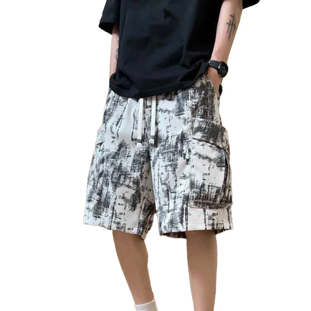 

2XL Hip Hop Pants Five-Minute Shorts Black And White Options For Men Knee Length Print Pattern For Casual Wear