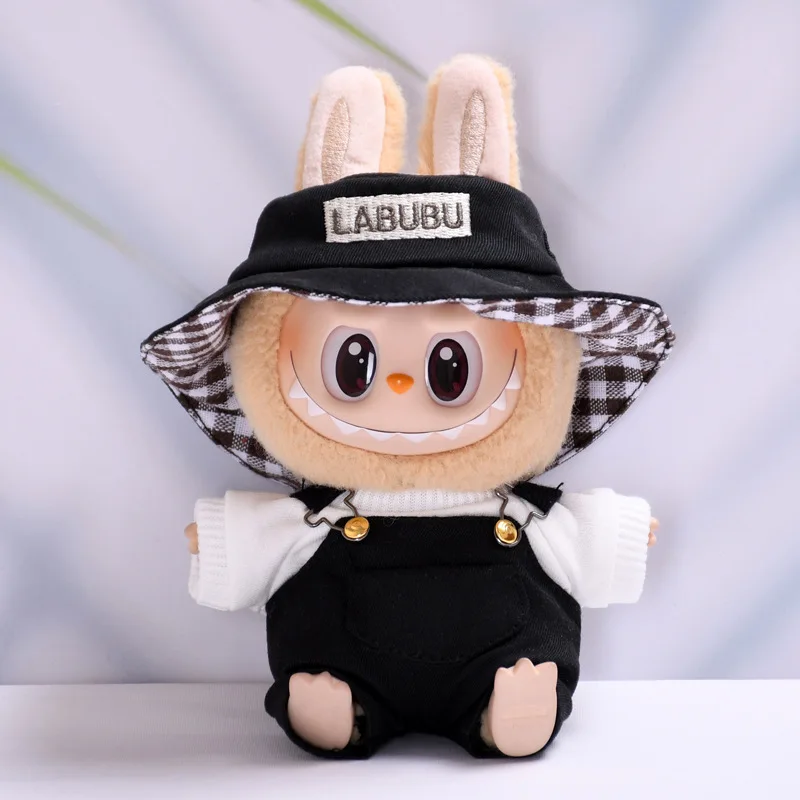 17cm Labubu Dolls Clothing The Monster Clothes Outfit Accessories DIY Kids Gift Bucket Hat Army Green Strap Pants Overall FD06D