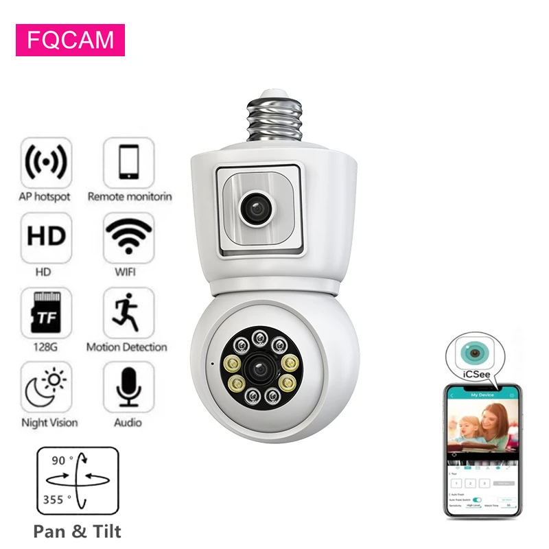 

6MP ICSEE Dual Screen Wifi Light Bulb Camera Dual Lens Humanoid Detection Two Way Talk Wireless CCTV Camera Indoor