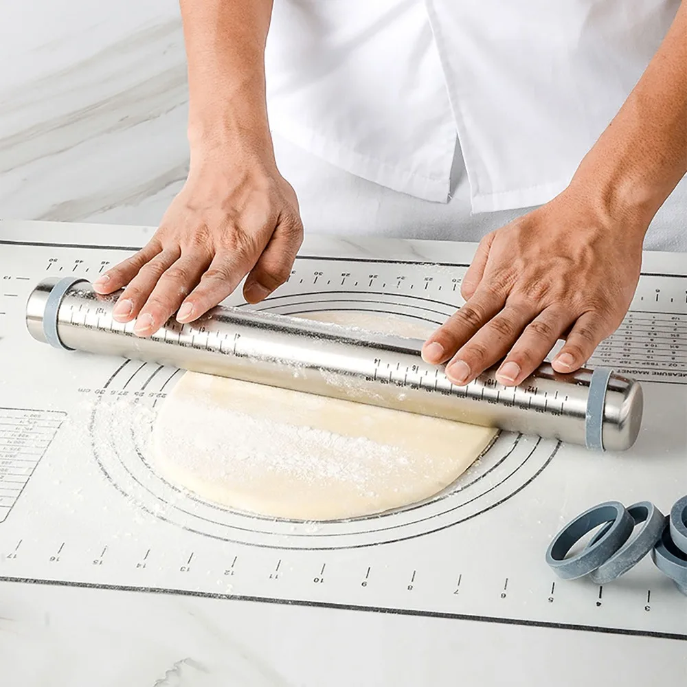 Stainless Steel Silicone Rolling Pin Silver 4 Detachable Rings Baking Mat Heat Resist Non Stick Dough Scraper Home Kitchen