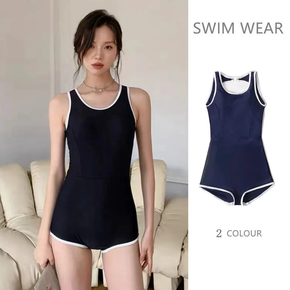 Jumpsuit Women's New Ins Korean Swimsuit Women's Small Chest Retro Slimming Cover Flat Corner Conservative Seaside Swimsuit