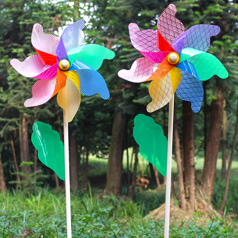 32cm Wooden Handle Garden Yard Windmill Colorful Windmill  Wind Spinner Ornament Outdoor Garden Decoration Children Kids Toys