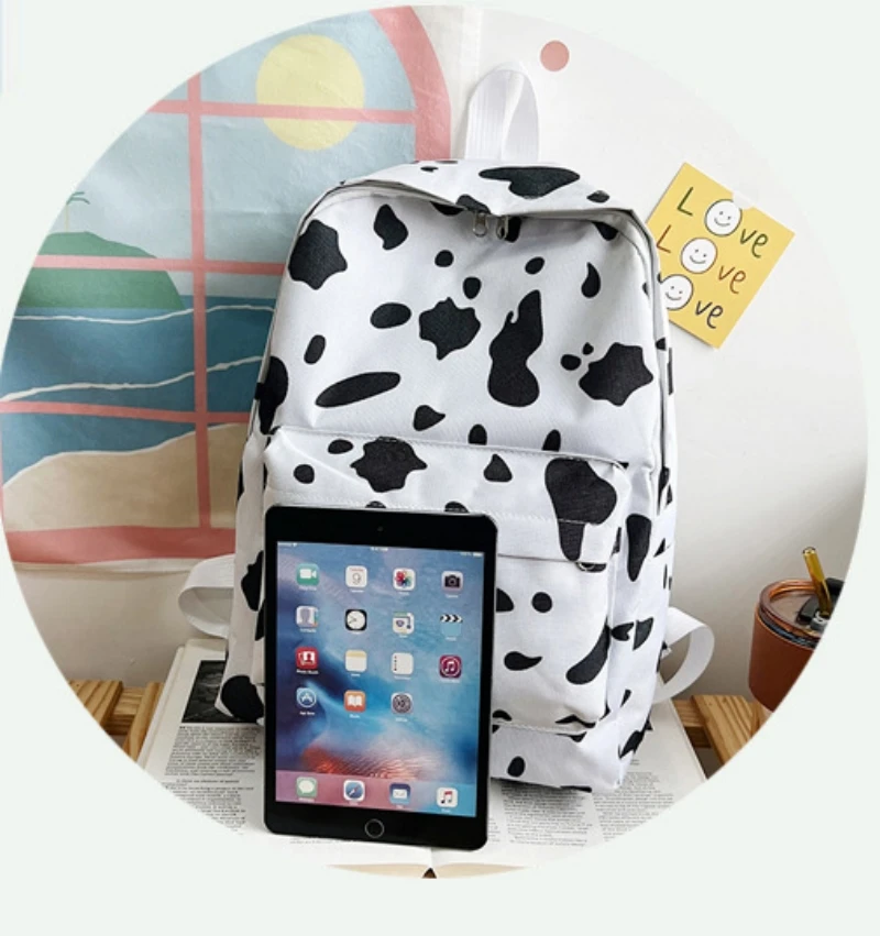 Personalized Harajuku Style Backpack For Women\'s Ins Super Hot Cow Pattern Cute Girl Canvas Bag Soft Girl Backpack