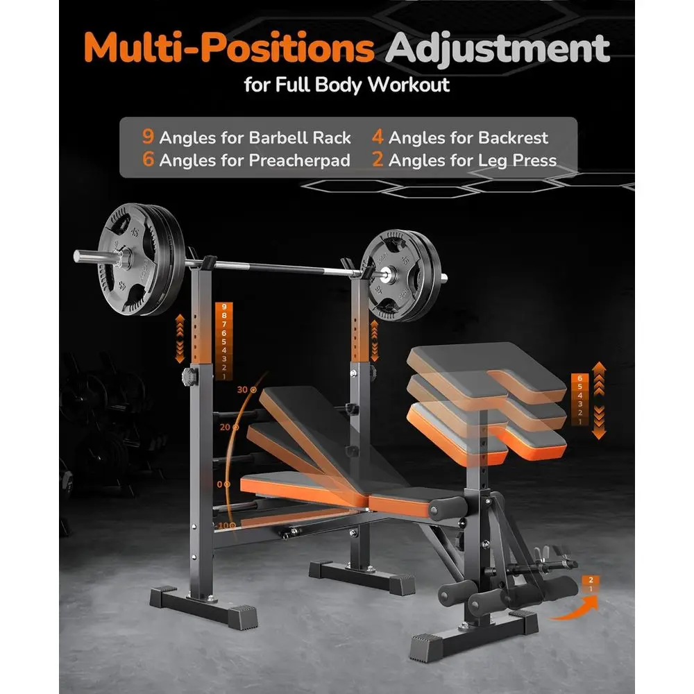Multi-Function 6 in 1 Weight Bench Set - Leg Press, Preacher Curl Rack, Adjustable Workout Bench & Squat Rack for Full Body Exer