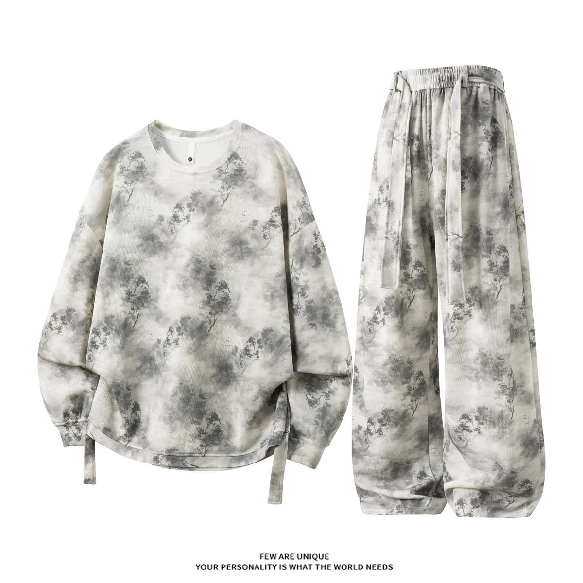 2026 Spring/Autumn New Men's Landscape Printed Hoodie and Pants Set with Ribbon Design, Casual Sports Two Piece Set