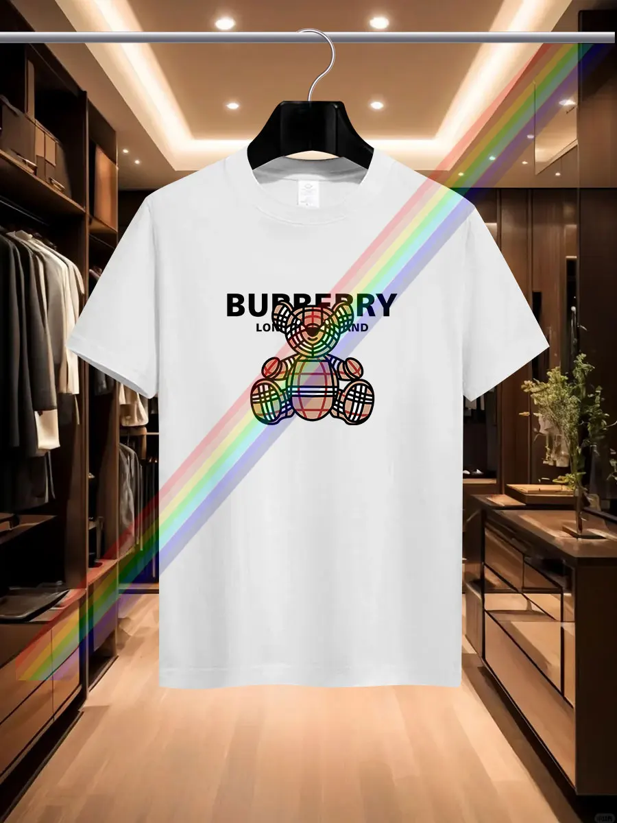 

2025 Summer New Luxury Men's Fashion B Striped Bear Print T-shirt Pure Cotton Crew-neck Casual Trend Y2K High-end High Quality