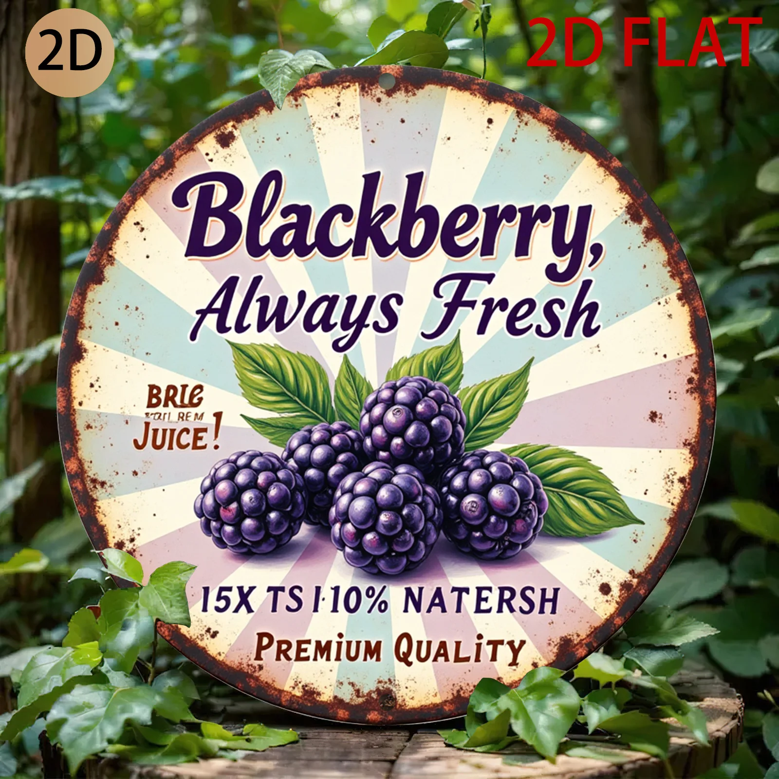 2D Flat - Retro-Style Circular Metal Sign Featuring a Blackberry Design, Perfect for Decorating Your Kitchen, Home, Or Juice B