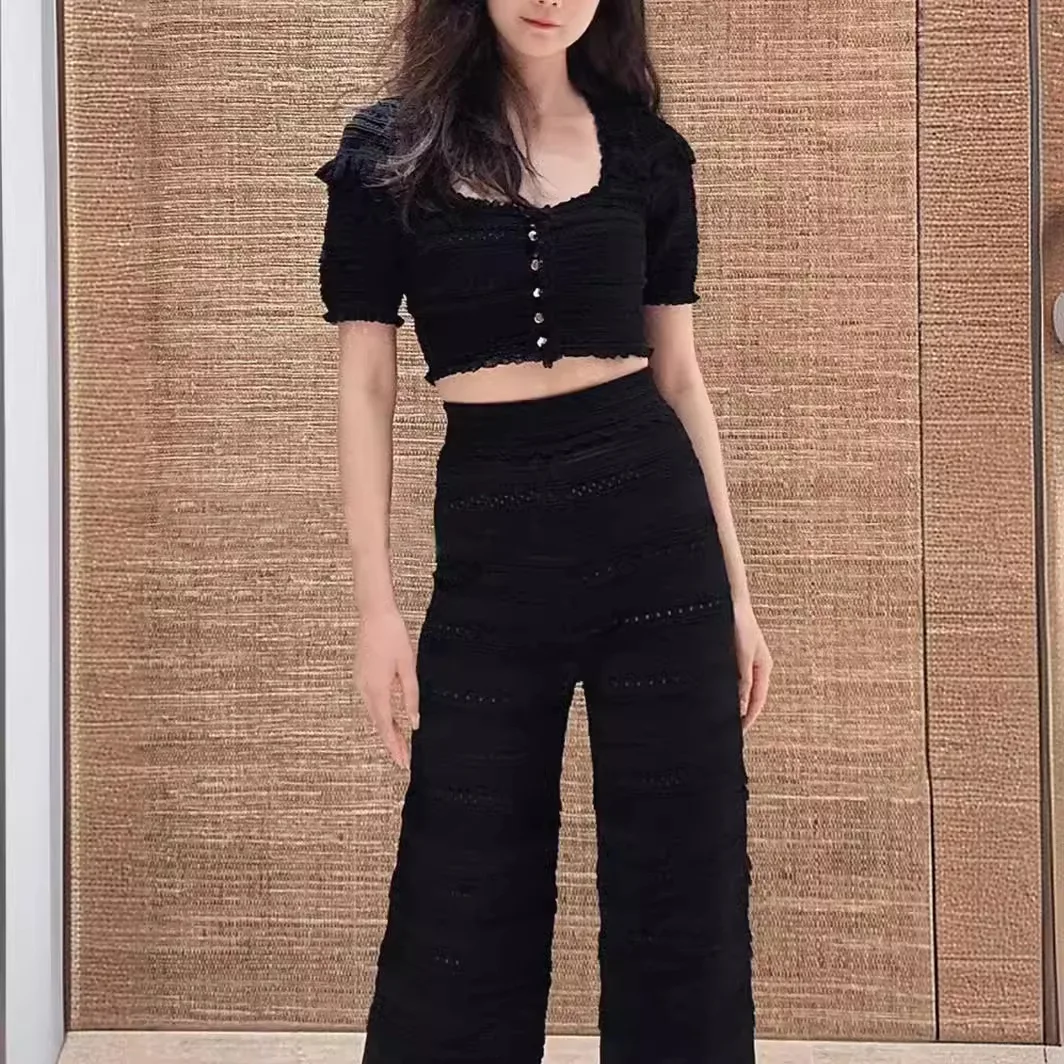 Women Solid Casual Suit 2024 Summer New Square Neck Short Sleeved Short Tops or Ruffle Edge Long Pants