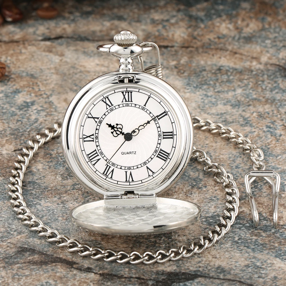 3pcs/Lot Vintage Shield Pattern Quartz Pocket Watch Roman Numerals Dial Pocket Chain Pendant Timepiece Gift Men Women