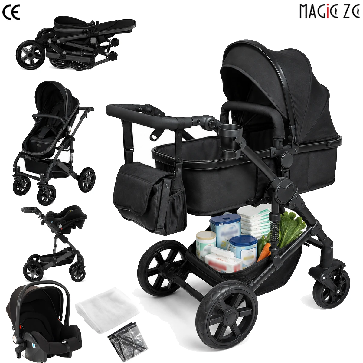 3-in-1 babyreissysteem: inklapbare kinderwagen met een hoog verstelbaar, omkeerbaar zitje, schokabsorberende wielen, een lichtgewicht aluminium frame, een zonnescherm en een ruime opbergmand,