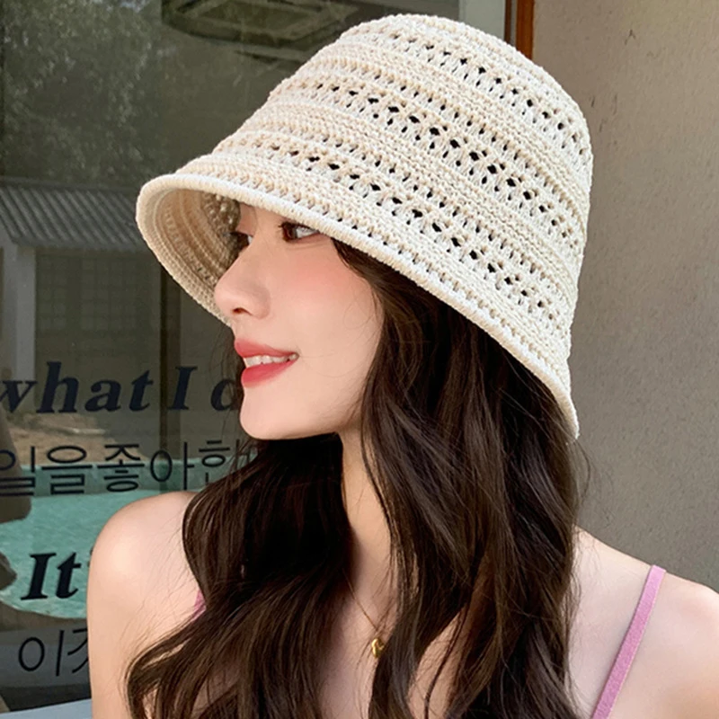 Hand-Woven Korean Straw Visor Hat, Breathable Summer Fisherman Sun Bucket Cap for Women Beach Outdoor