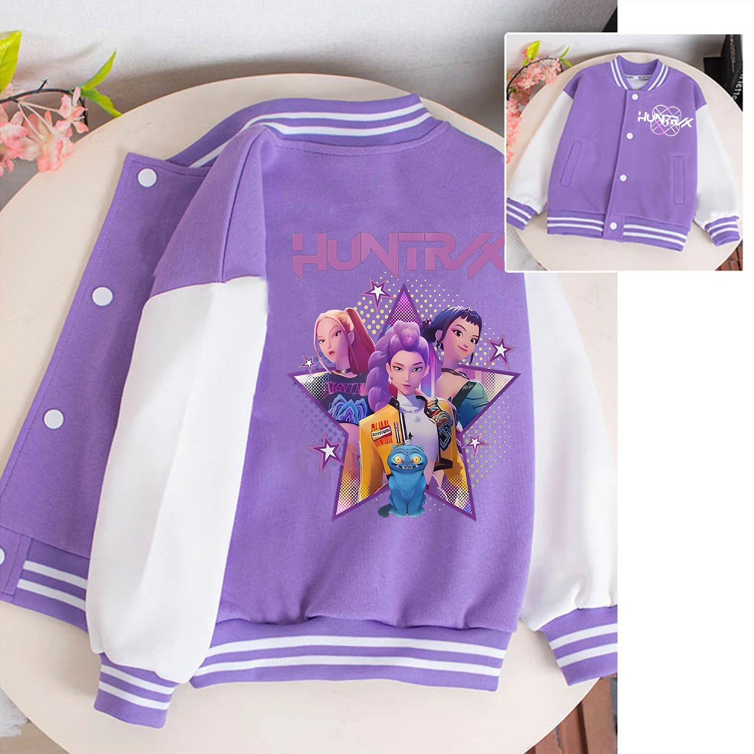 Kpop Demon Hunters Baseball Uniform dla dzieci Kawaii Cartoon Coat Purple Jacket Fashion Anime Clothes Kids Long Sleeves Gift