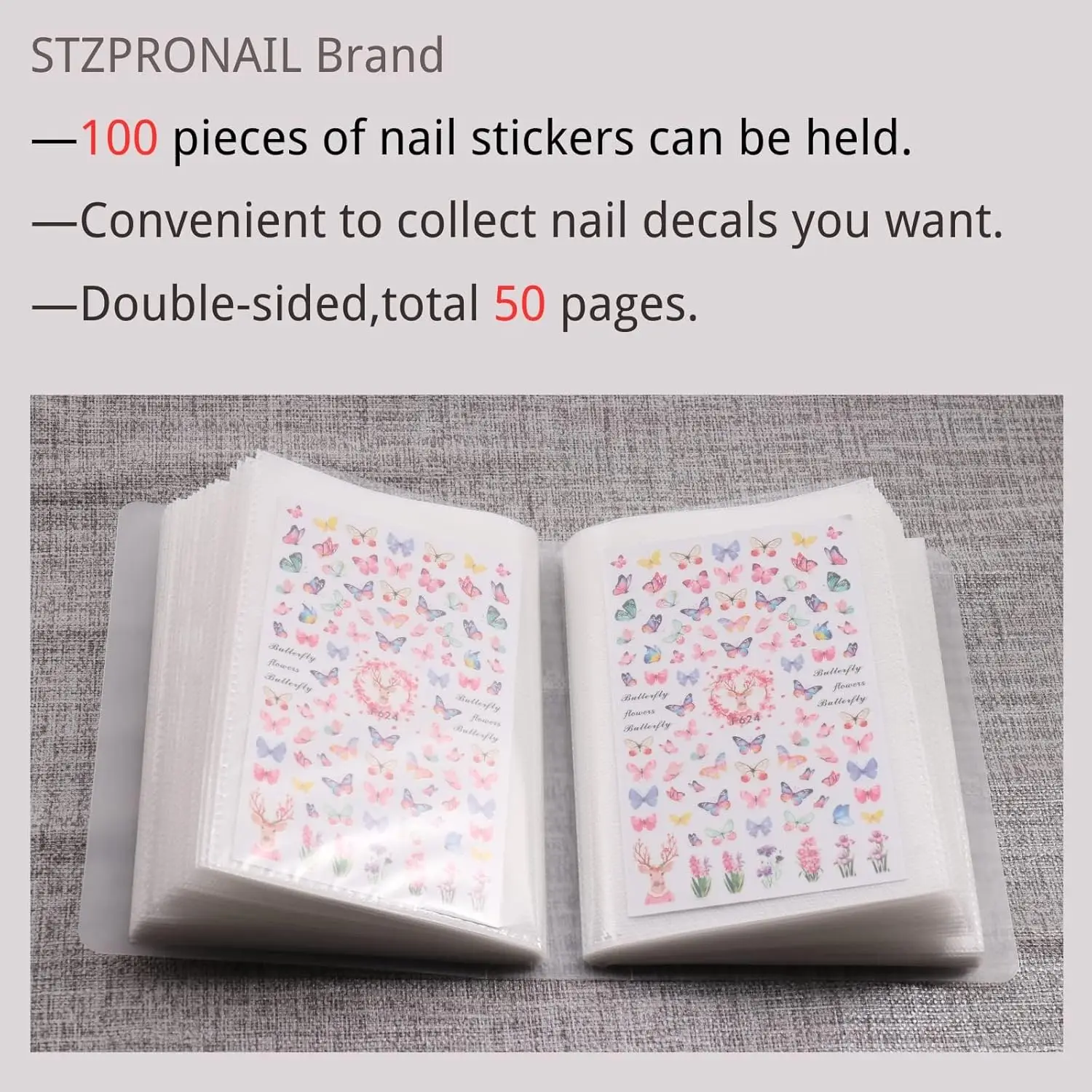 Aufbewahrungsalbum für 100 Nagelaufkleber, Leeres Sammelbuch für Abziehbilder, Fotos & Maniküre-Werkzeuge, Präsentationshalter – Detail 4