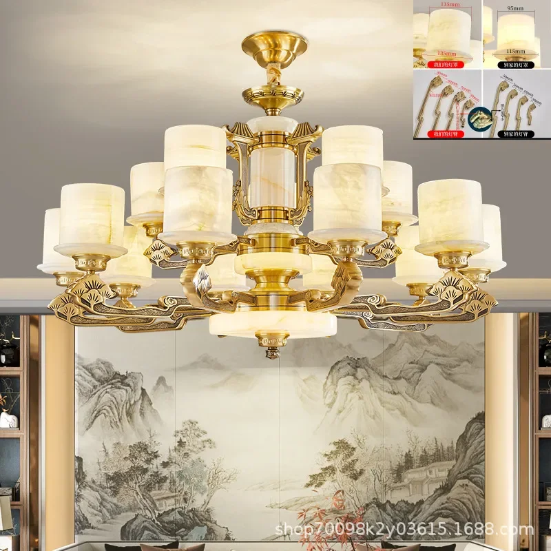 New Chinese Style Solid Copper Natural Jade Chandelier Modern Simple Pendant Light for Living Room Dining Hall Villa Decor