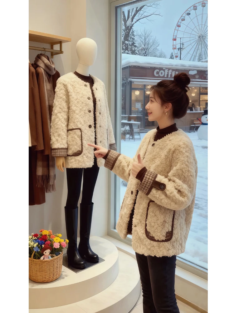 

Lamb Fur Collar Casual Thiened Women's Jaet round Ne Outerwear Autumn Winter New Sle Versatile Loose Fit Faionable