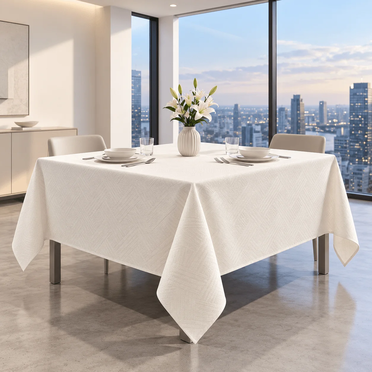 1 square tablecloth, simple pure white jacquard texture polyester tablecloth, low-key high-end plain dining table tablecloth