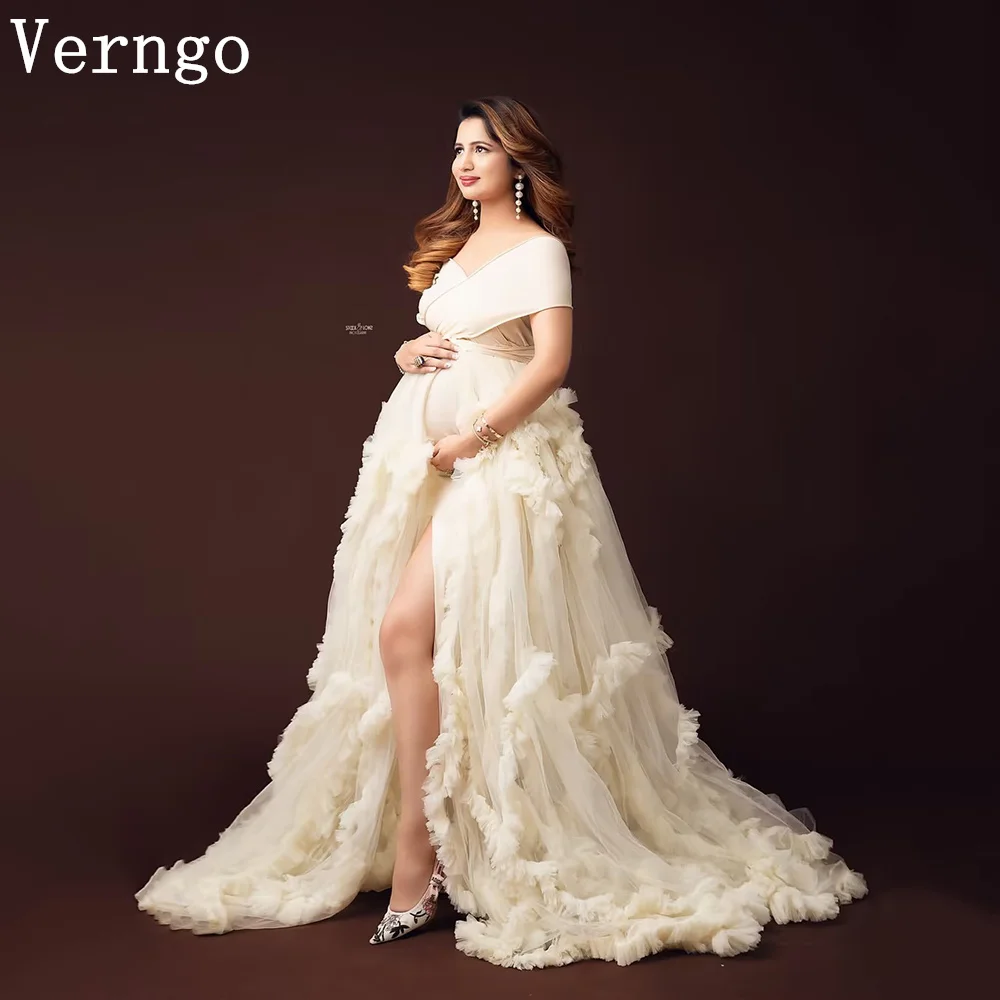 

Verngo Lvory Tulle Maternity Dress Off The Shoulder A Line Side Slit Plus Size Pregnancy Dress Sweap Train Props Dress