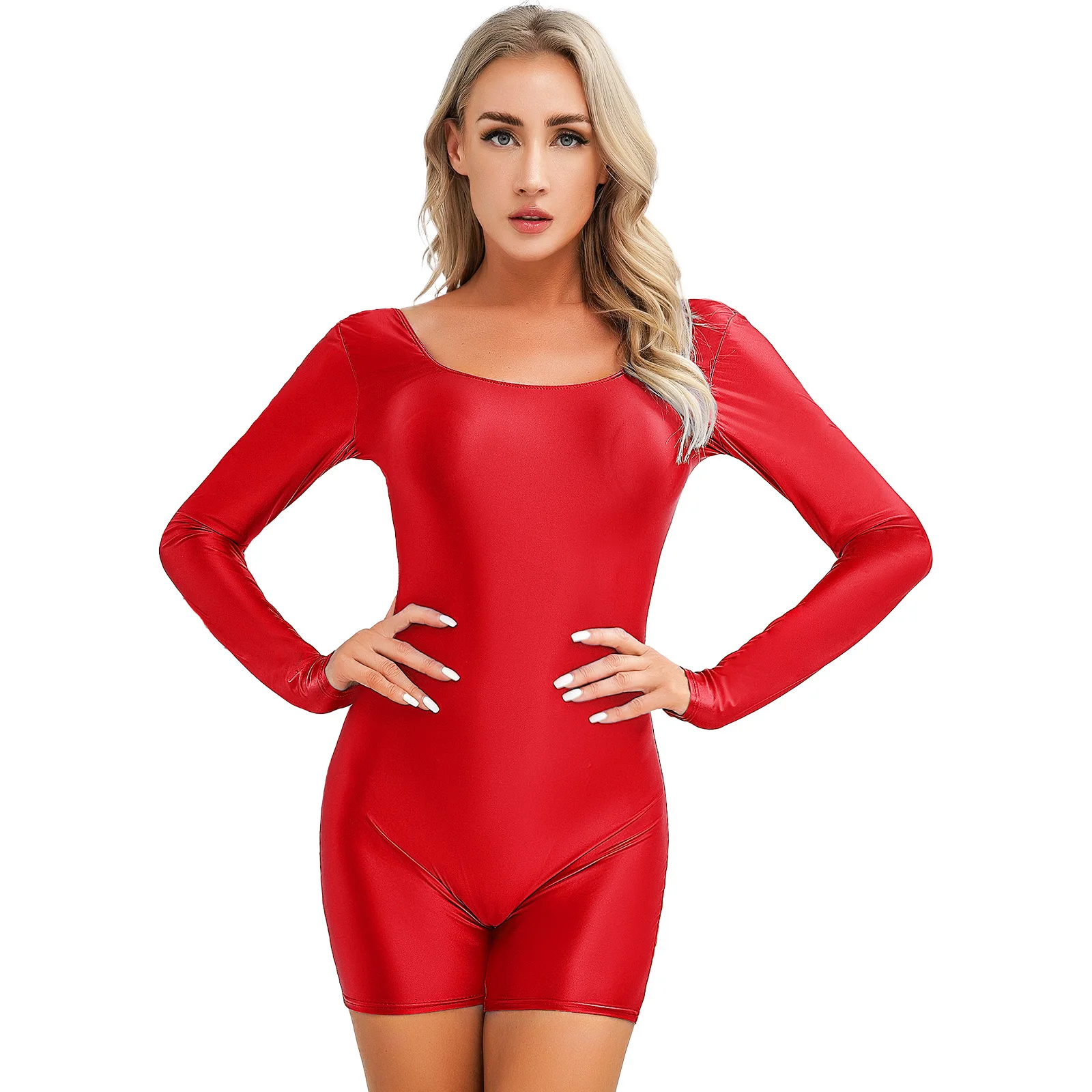 Womens Glossy Swimsuit Bodysuit Rompers Solid Color Stretchy Round Neck Slim Fit Short Jumpsuit Yoga Bodybuilding Gym Fitness