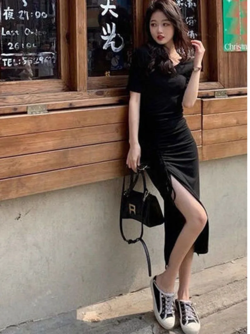 2024 new summer elastic slim fit wrap arm lace up side slit long dress women's short sleeve T-shirt drawstring Dress UCVK