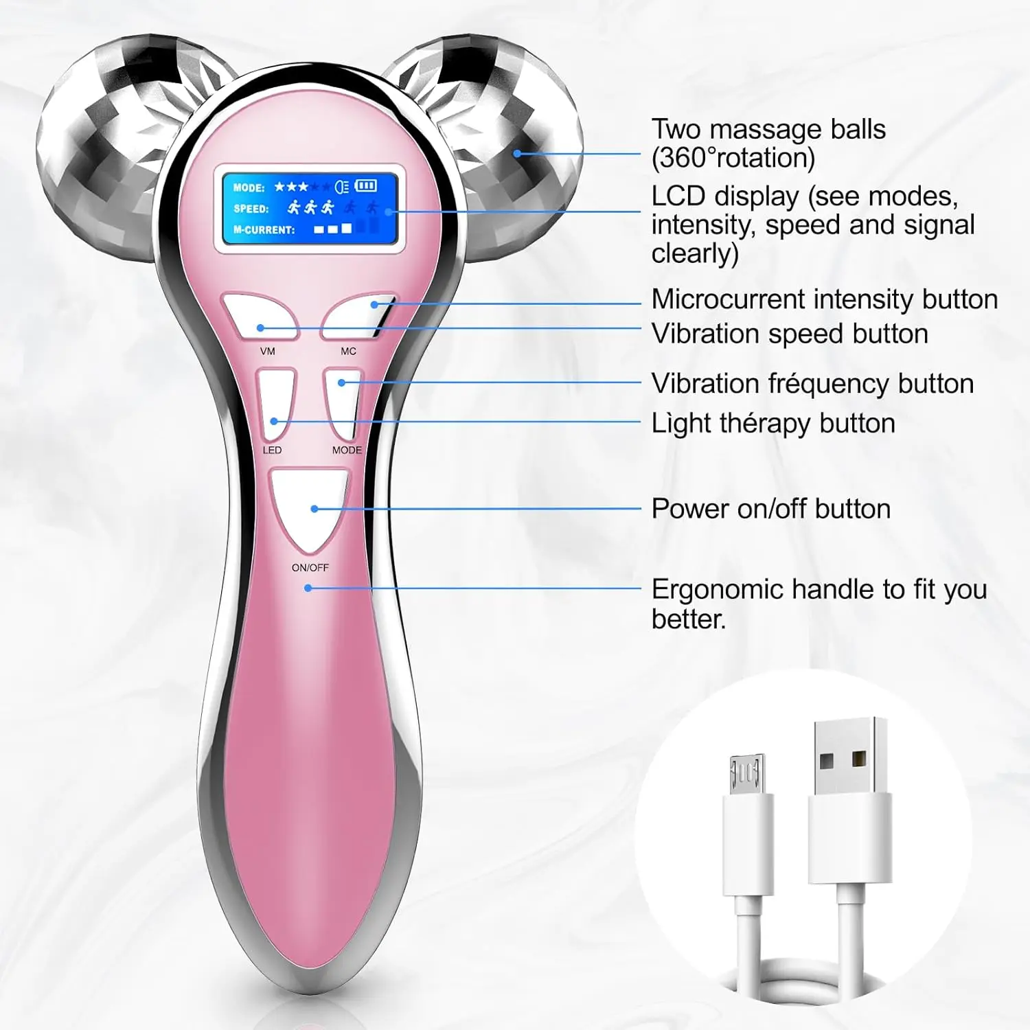 4D elektrische Face Lift Roller met vibratie, microstroom gezichtsapparaat, oplaadbare huidverzorging gezichtsmassager voor anti-veroudering