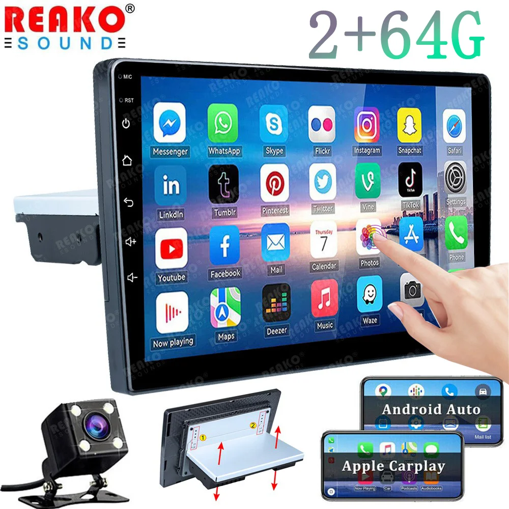 

REAKOSOUND 2+64G 1 Din 9'' Android 12 Car Multimedia Player Carplay GPS Navigation Bluetooth Car Audio Wifi USB FM MirrorLink HD