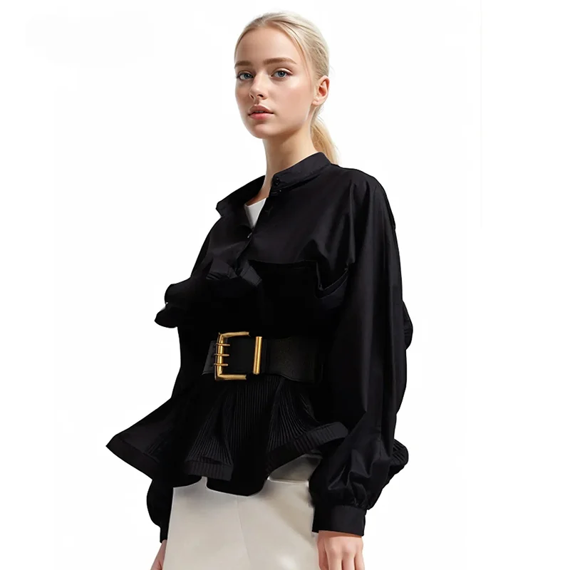 

Fashion Femal Tops Solid Patchwork Belt Minimalist Shirt For Women Stand Collar Long Sleeve Tunic Spliced Ruffle Casual Blouse