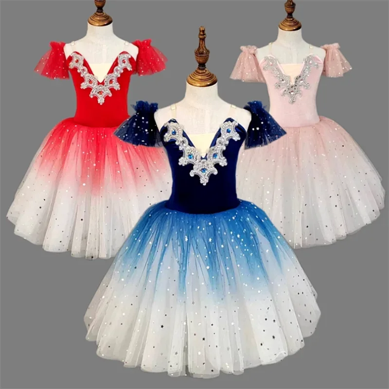 Tutu de Ballet professionnel pour filles, ballerine du lac des cygnes, crêpes, robe de Ballet à paillettes, Costume de danse pour enfants, Tutu rose bleu