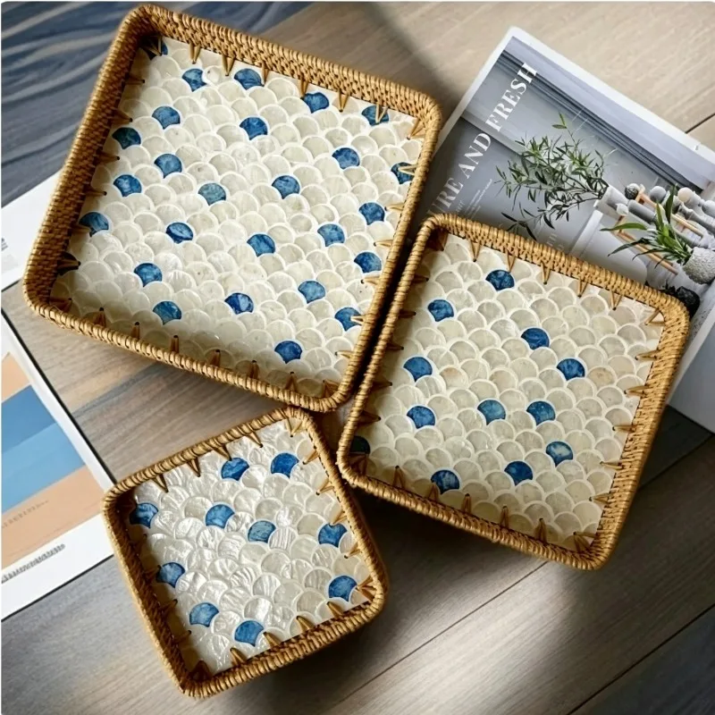For rattan shell tray hand-woven inlaid shell fruit tray high value square tray fruit plate