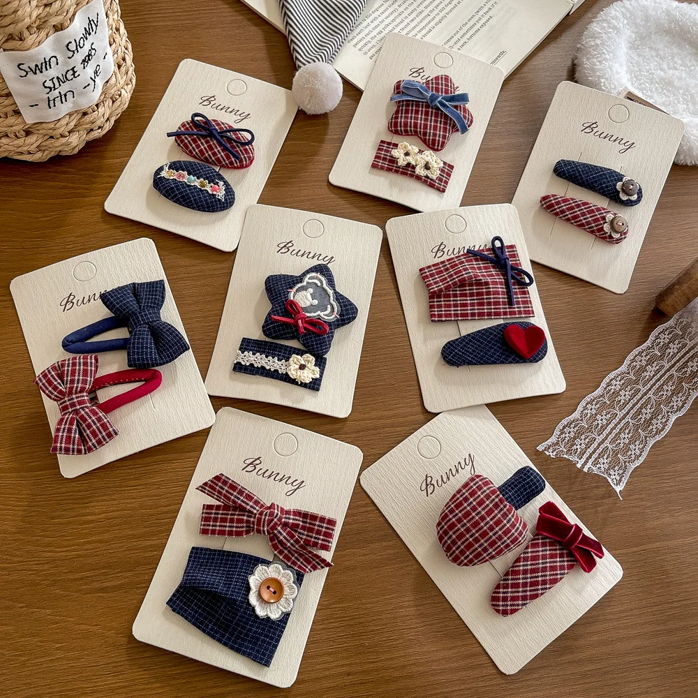 

2 шт. заколки для волос в студенческом стиле, красно-синие в клетку, с бантом, детские заколки для челки, боковые заколки, аксессуары для волос для девочек