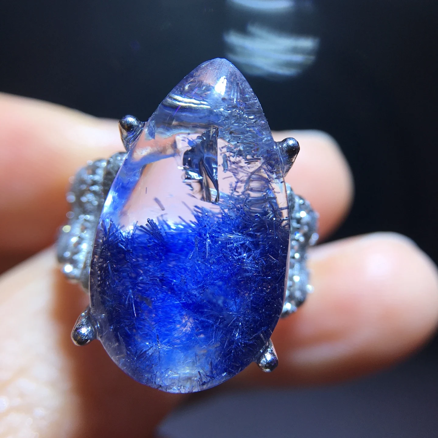 Natural Blue Rutilated Dumortierite Quartz Adjustable Ring 20.6/12.7mm Water Drop Woman Men Ring Jewelry AAAAAAA