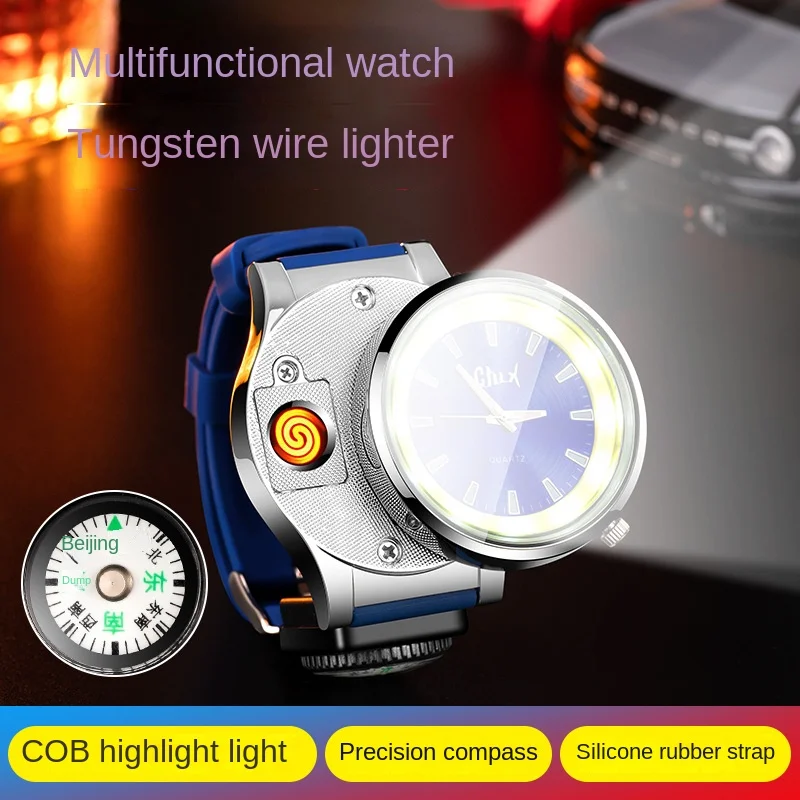 

New Creative Multifunctional Watch Paired With Compass Tungsten Wire Lighter COB Lighting Windproof Watch High-End Men's Gift