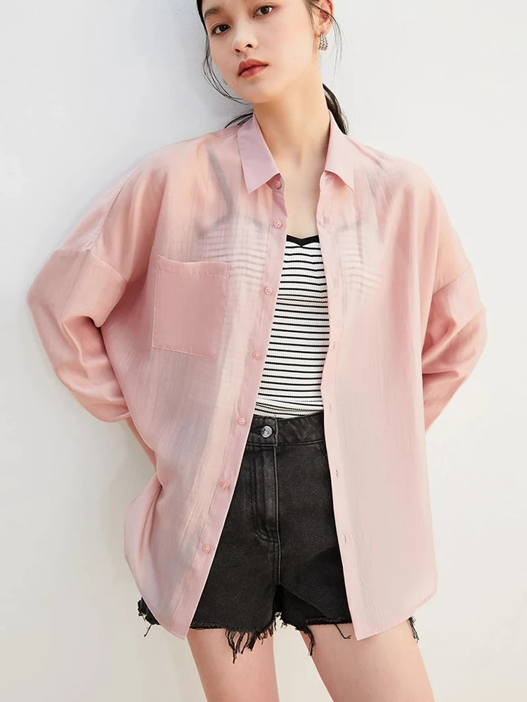 Lightweight Breathable Satin  Collar Casual irt Korean Sle High Faion Comfortable Sun Protection Long Sve Versat...