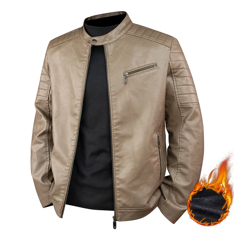 Autumn Winter Fashion Korean Style Men's Thicken Stand Collar Long Sleeve Zipper Casual Trendy Simple Basic Faux Leather Coats