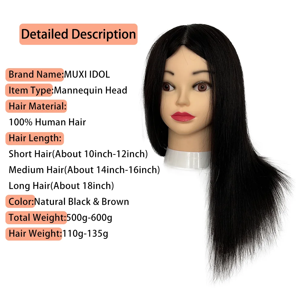 Testa di manichino per capelli umani al 100% modello di formazione pratica di colore nero naturale per parrucchiere professionale può essere stirato MUXI IDO
