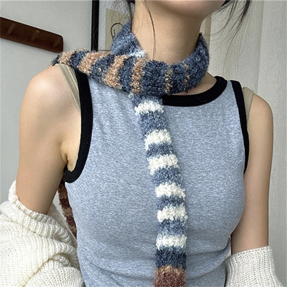 Ladies Rainbow Gradient Stripe Scarves Female Winter Korean Version Knitted Scarf New Niche Design Women Fine Narrow Long Scafr